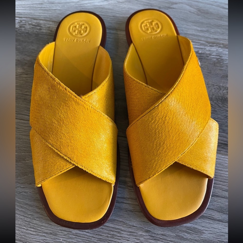 NWT Tory Burch Calf Hair Sandals. 
Yellow Gold color. 
Size 7